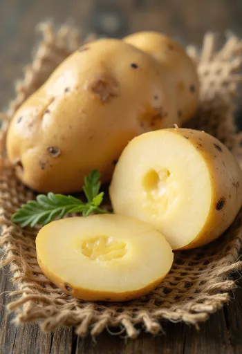 Patatas frescas sobre mesa de madera, algunas cortadas por la mitad