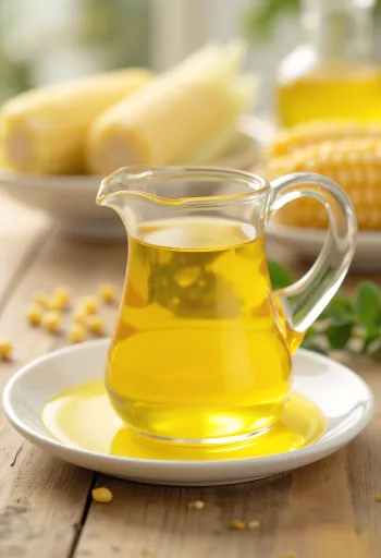 Aceite de maíz en botella, con granos y sémola de maíz