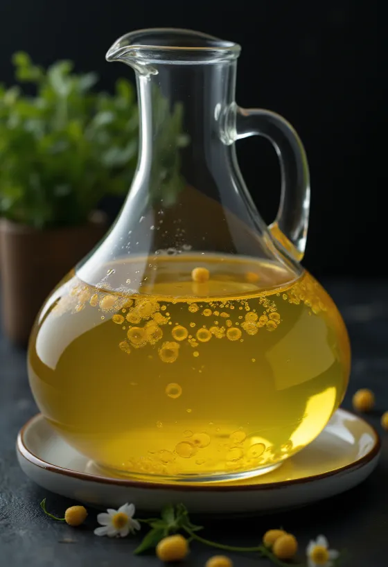 Aceite de maíz en cuenco de cristal junto a granos de maíz y germen