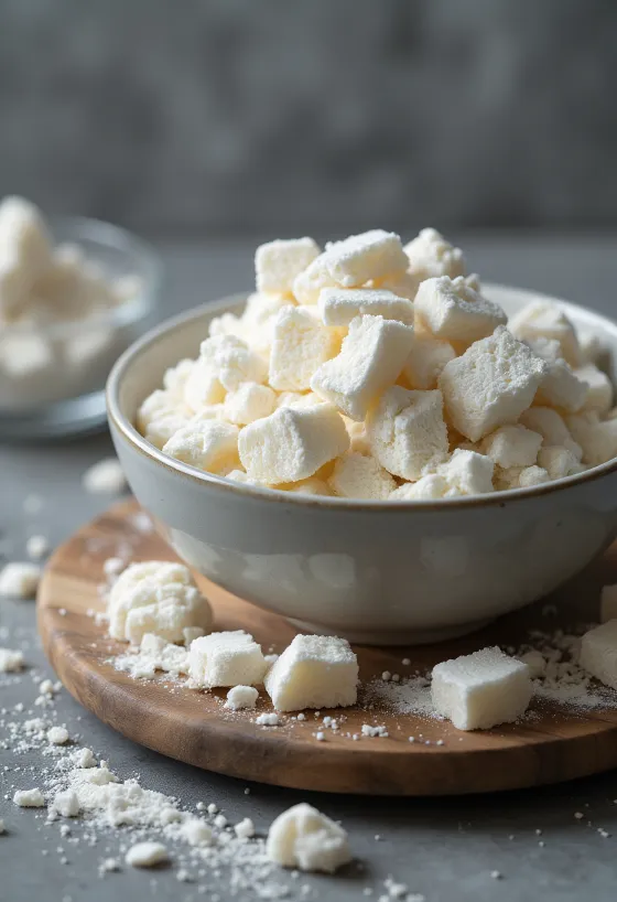 Polvo de almidón de kuzu en cuenco y cuchara, con trozos de raíz