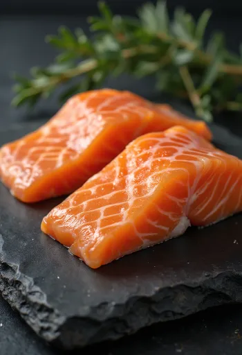 Filetes de salmón fresco con limón, eneldo y pimienta en tabla