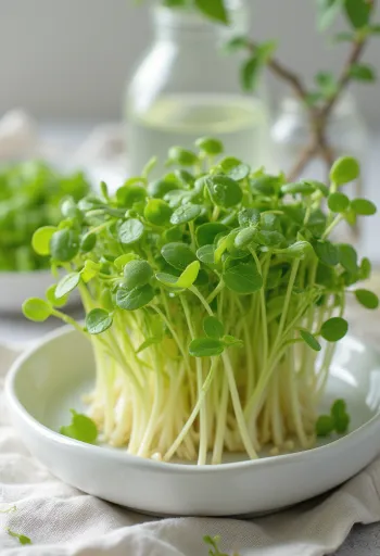 Brotes de lentejas frescos en plato blanco, con algunas lentejas germinadas
