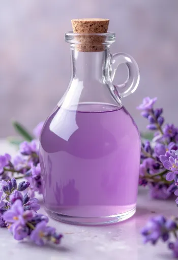 Botella de jarabe de lavanda casero con flores frescas