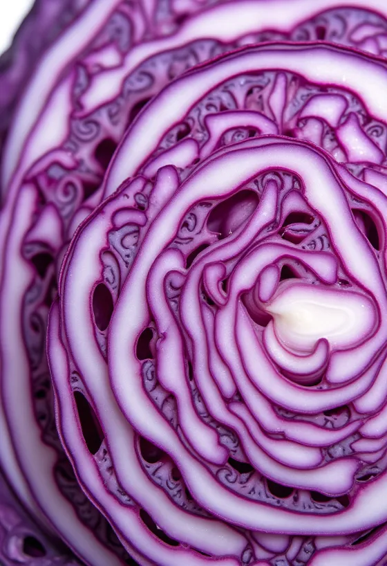 Lombarda fresca parcialmente cortada con hojas de color vibrante
