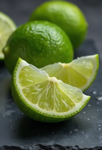 Limas frescas enteras y cortadas en cuenco y mesa de madera rústica con agua de lima