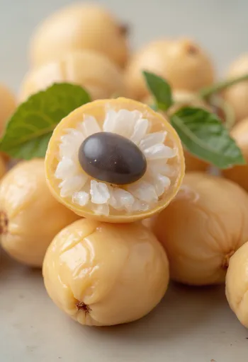 Frutas de longan enteras y cortadas con pulpa blanca y semilla negra sobre madera