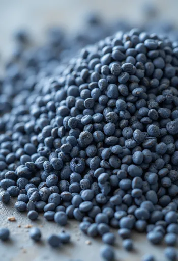 Semillas de amapola en cuenco de cerámica y esparcidas sobre superficie clara