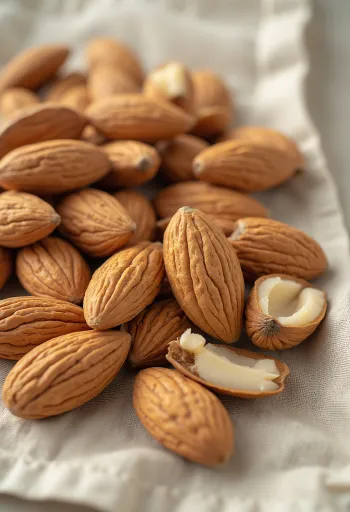 Almendras peladas enteras y partidas en cuenco y esparcidas