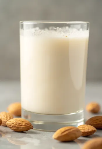 Vaso de leche de almendras vertiéndose junto a almendras enteras