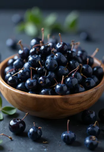 Bayas de maqui frescas moradas, algunas cortadas, crudas
