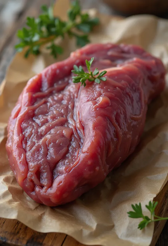Filetes de hígado de ternera crudo en tabla de madera, color rojo oscuro