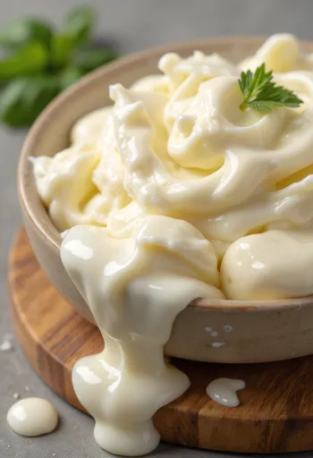 Queso mascarpone sedoso en cuenco de cerámica con cuchara