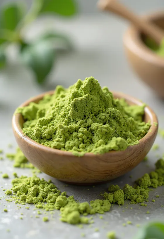 Polvo de té matcha en cuenco de cerámica con batidor de bambú