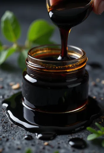 Melaza oscura y densa en cuenco, goteando de una cuchara de madera