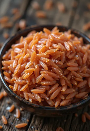 Granos de arroz rojo de Bután frescos y limpios en plato
