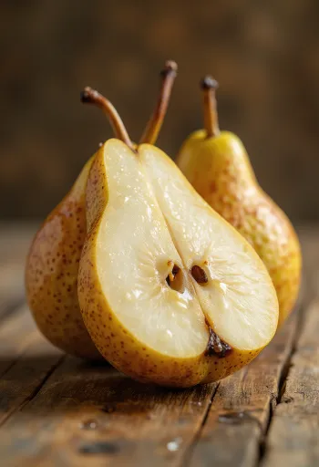 Rodajas de pera Bosc y frutas enteras sobre tabla de cortar