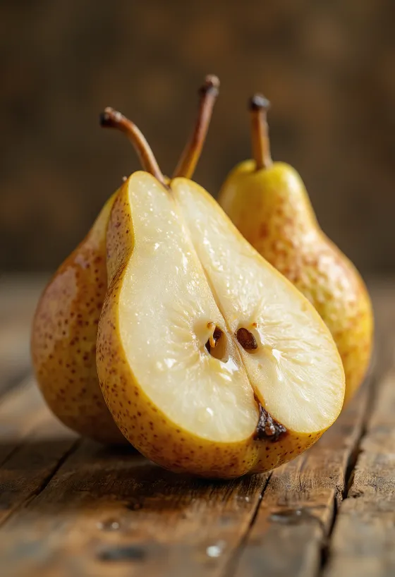 Rodajas de pera Bosc y frutas enteras sobre tabla de cortar