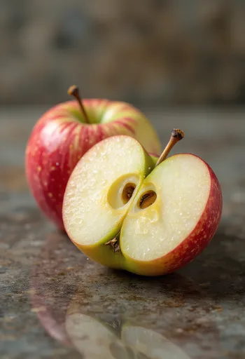 Manzanas Braeburn frescas enteras y en gajos sobre tabla de cortar