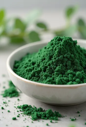 Polvo de chlorella en frasco de vidrio y comprimidos de algas