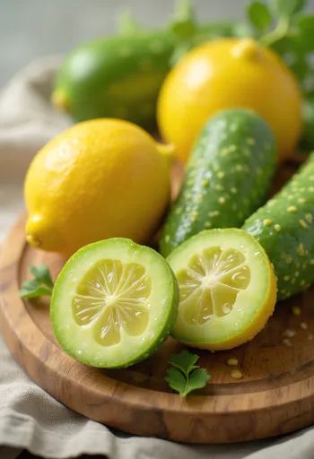 Rodajas de pepino limón fresco sobre tabla de cortar con verduras