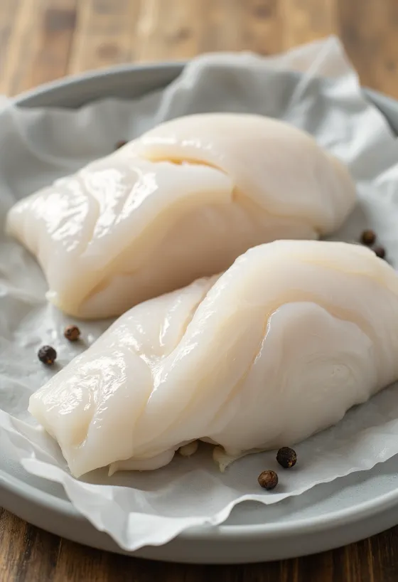 Filete de bacalao del Pacífico crudo sobre superficie de madera