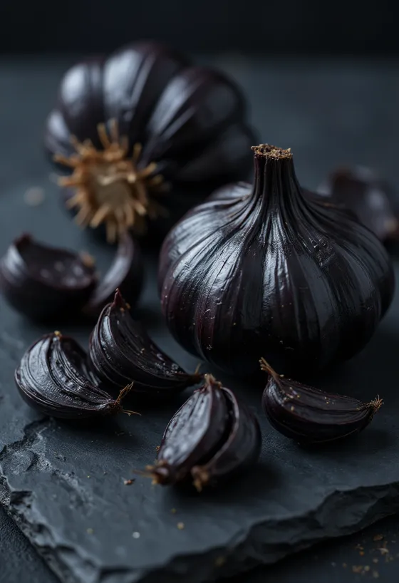 Ajo negro de color oscuro brillante dispuesto en un cuenco pequeño