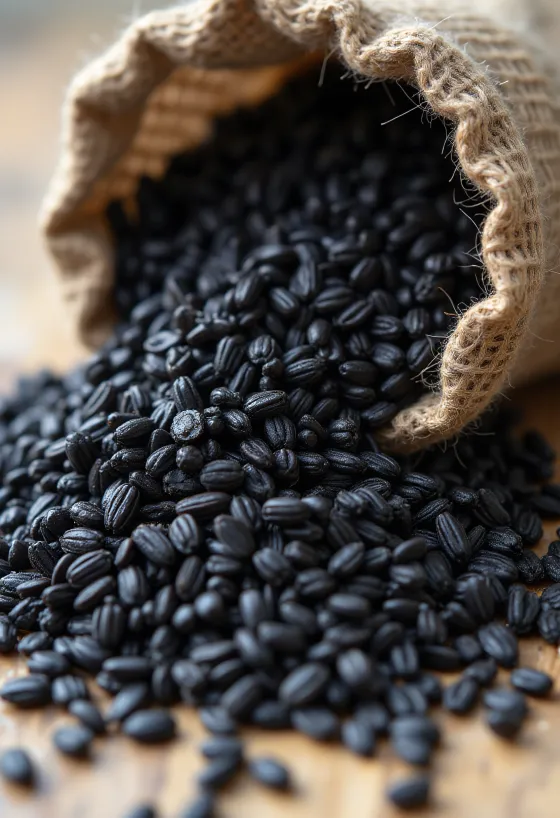 Arroz negro en frasco de cristal, color oscuro intenso, con granos crudos alrededor