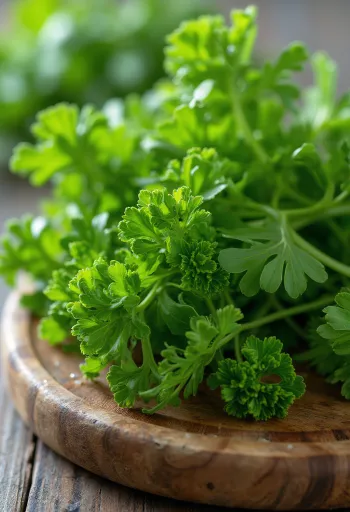 Perejil rizado fresco con hojas verdes frondosas sobre tabla