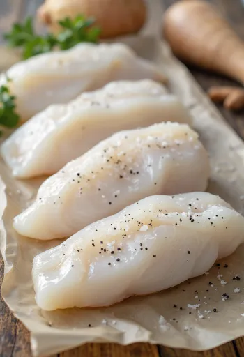 Filete de eglefino (haddock) crudo sobre tabla de corte