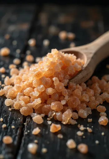 Sal ahumada de color pardo en frasco con cristales alrededor