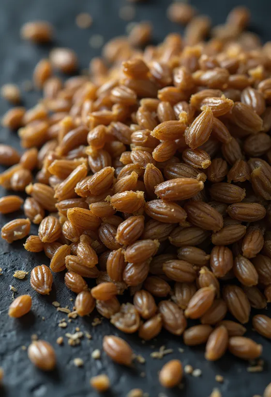 Granos de cebada tostada sobre tabla de cortar