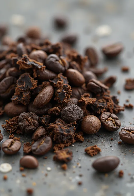 Granos de raíz de achicoria tostada sobre tabla de cortar