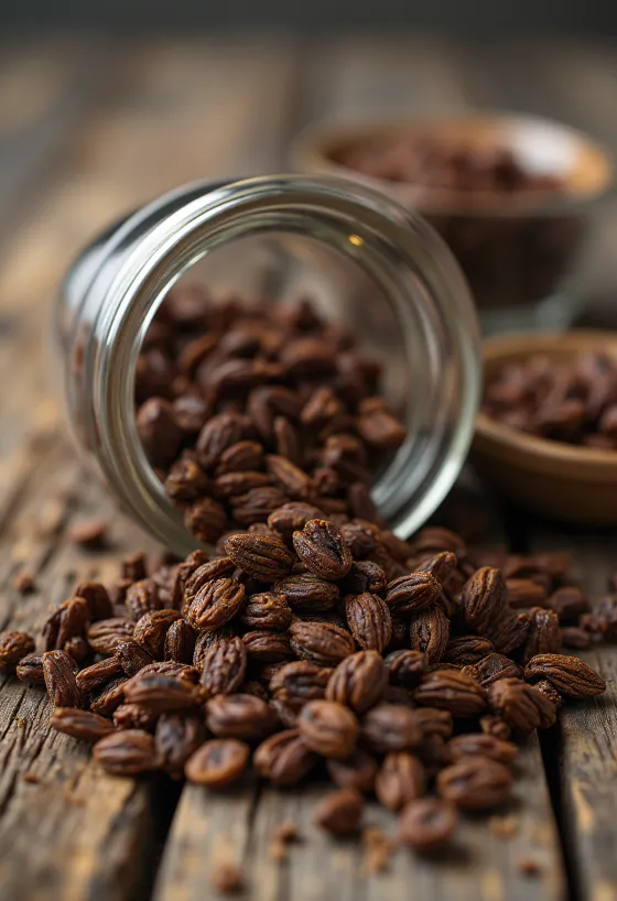 Granos de centeno tostado sobre tabla de cortar