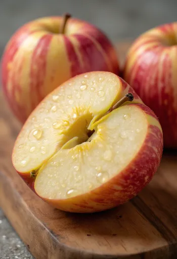 Manzanas Gala frescas enteras y en gajos sobre tabla de madera