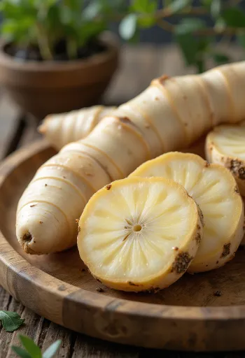 Raíz de galanga fresca sobre una tabla de madera