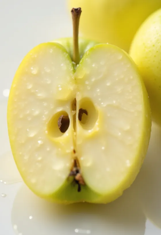 Manzanas Golden Delicious frescas enteras y en gajos sobre tabla de cortar