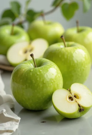 Manzanas Granny Smith verdes y frescas sobre tabla de madera