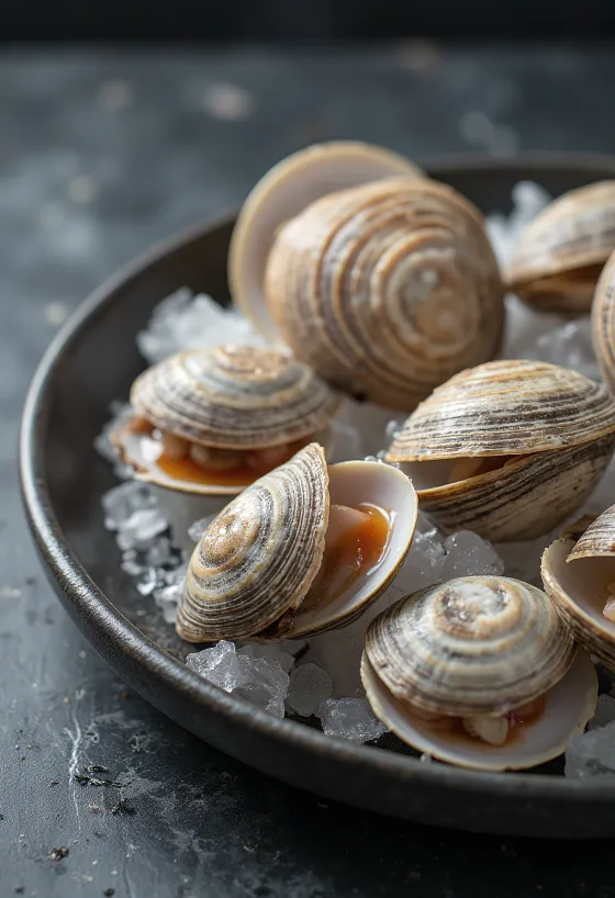 Carne de almeja Cherrystone fresca sobre tabla