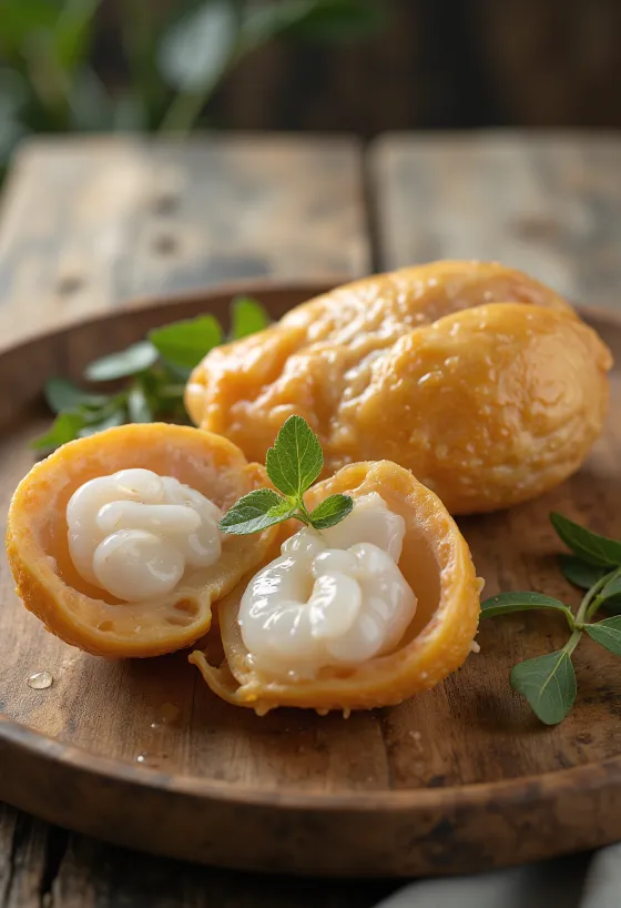 Gajos de fruta langsat fresca sobre tabla de cortar