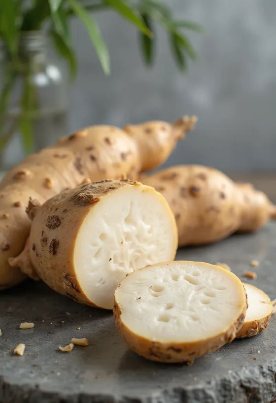 Trozos de yuca fresca pelada y cortada sobre tabla