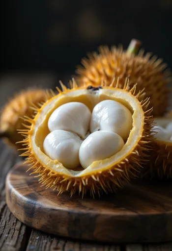 Gajos cremosos de fruta marang sobre tabla de madera