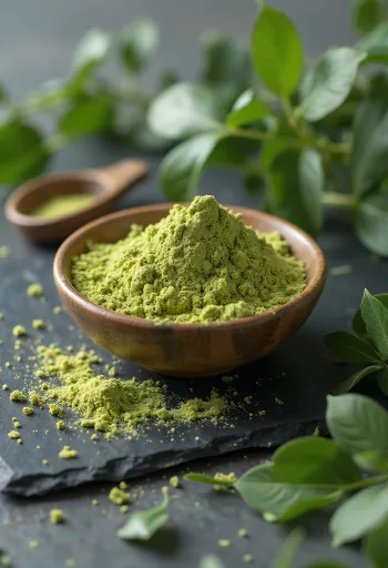 Polvo de moringa verde en tarro con hojas frescas