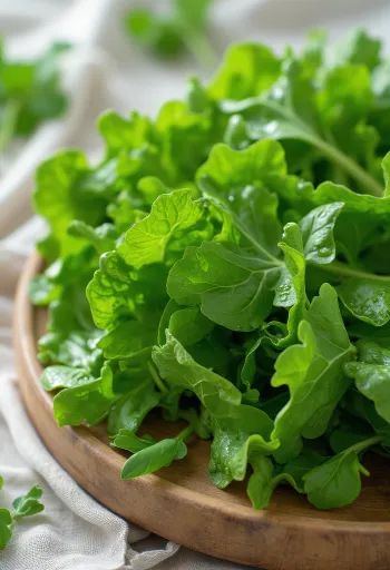 Hojas frescas de mostaza con gotas de agua sobre madera