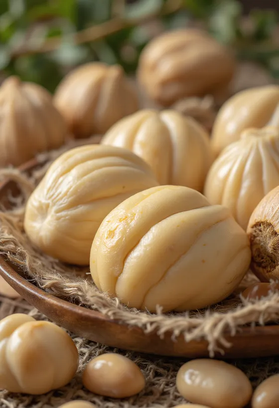 Nueces pili naturales sobre una encimera de madera rústica