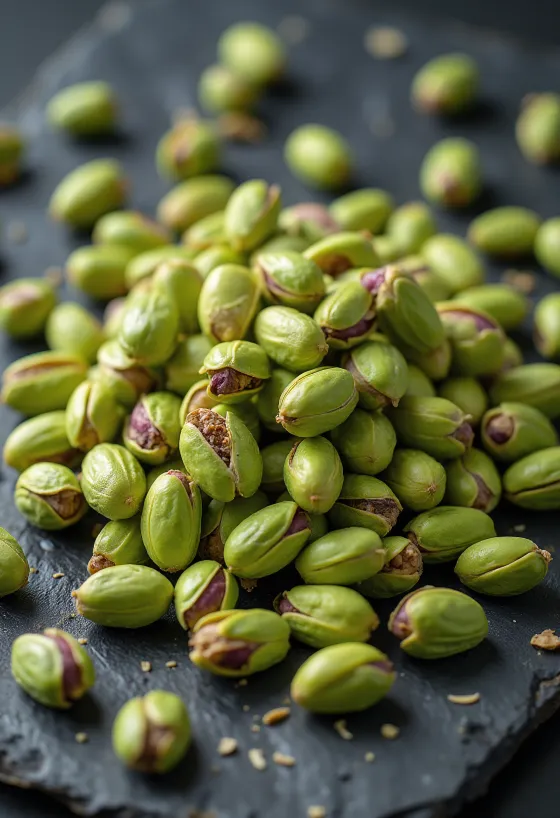 Pistachos pelados crudos sobre plato de cerámica blanca