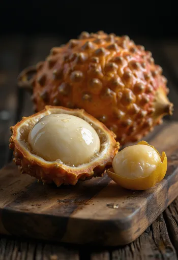 Gajos de salak o fruta de la serpiente pelados sobre tabla de madera
