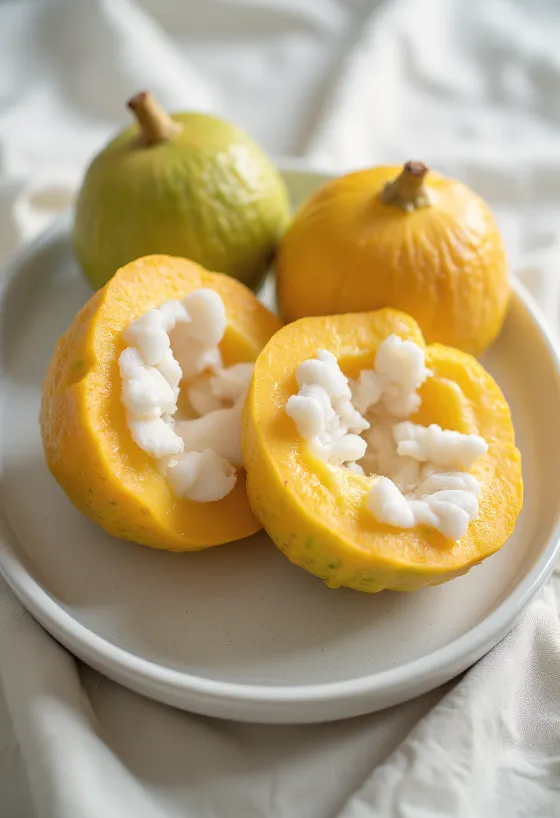 Fruta santol cortada mostrando su pulpa blanca algodonosa