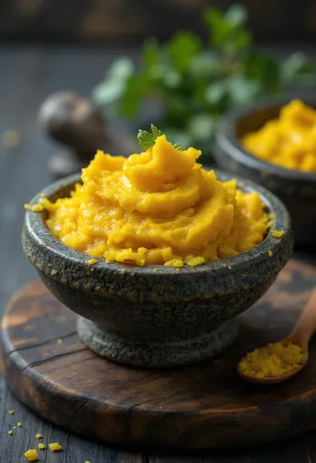 Pasta de curry amarillo en frasco pequeño, color amarillo intenso, rodeada de especias como cúrcuma, comino y cilantro