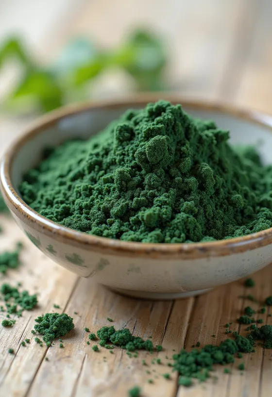 Polvo de espirulina en frasco pequeño, de intenso color verde, rodeado de comprimidos de espirulina