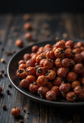 Granos de pimienta de Sichuan secos sobre superficie de madera